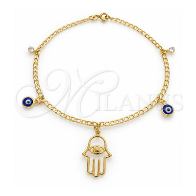 Oro Laminado Charm Anklet , Gold Filled Style Judaica and Hand of God Design, with White Cubic Zirconia, Polished, Golden Finish, 03.58.0057.10 (04 MM Thickness, 10 Inches Length)