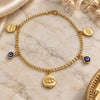 Oro Laminado Charm Anklet , Gold Filled Style Evil Eye and Concave Cuban Design, Polished, Golden Finish, 03.58.0058.10 (04 MM Thickness, 10 Inches Length)