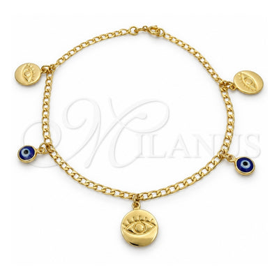 Oro Laminado Charm Anklet , Gold Filled Style Evil Eye and Concave Cuban Design, Polished, Golden Finish, 03.58.0058.10 (04 MM Thickness, 10 Inches Length)