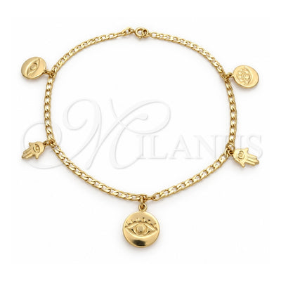 Oro Laminado Charm Anklet , Gold Filled Style Judaica and Hand of God Design, Polished, Golden Finish, 03.58.0059.10 (04 MM Thickness, 10 Inches Length)