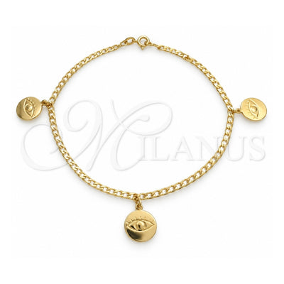 Oro Laminado Charm Anklet , Gold Filled Style Evil Eye and Concave Cuban Design, Polished, Golden Finish, 03.58.0060.10 (04 MM Thickness, 10 Inches Length)