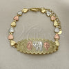 Oro Laminado Fancy Bracelet, Gold Filled Style Elephant and Four-leaf Clover Design, Polished, Tricolor, 03.380.0108.08 (06 MM Thickness, 8 Inches Length)