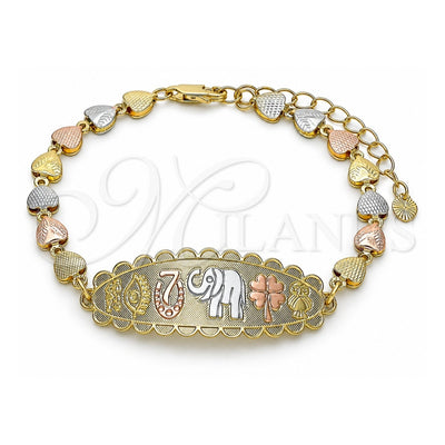 Oro Laminado Fancy Bracelet, Gold Filled Style Elephant and Four-leaf Clover Design, Polished, Tricolor, 03.380.0108.08 (06 MM Thickness, 8 Inches Length)