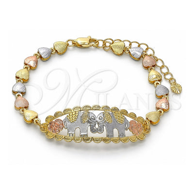 Oro Laminado Fancy Bracelet, Gold Filled Style Elephant and Flower Design, Polished, Tricolor, 03.380.0109.08 (06 MM Thickness, 8 Inches Length)