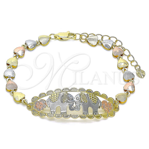 Oro Laminado Fancy Bracelet, Gold Filled Style Elephant and Flower Design, Polished, Tricolor, 03.380.0109.08 (06 MM Thickness, 8 Inches Length)