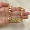 Oro Laminado Fancy Bracelet, Gold Filled Style Santa Muerte and Curb Design, Polished, Golden Finish, 03.380.0110.09 (10 MM Thickness, 9 Inches Length)
