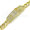 Oro Laminado Fancy Bracelet, Gold Filled Style Santa Muerte and Curb Design, Polished, Golden Finish, 03.380.0110.09 (10 MM Thickness, 9 Inches Length)