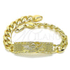 Oro Laminado Fancy Bracelet, Gold Filled Style Santa Muerte and Curb Design, Polished, Golden Finish, 03.380.0110.09 (10 MM Thickness, 9 Inches Length)