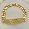 Oro Laminado Fancy Bracelet, Gold Filled Style Santa Muerte and Curb Design, Polished, Golden Finish, 03.380.0110.09 (10 MM Thickness, 9 Inches Length)