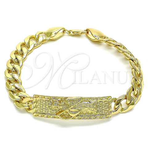 Oro Laminado Fancy Bracelet, Gold Filled Style Santa Muerte and Curb Design, Polished, Golden Finish, 03.380.0110.09 (10 MM Thickness, 9 Inches Length)