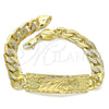Oro Laminado Fancy Bracelet, Gold Filled Style San Judas and Pave Cuban Design, Polished, Golden Finish, 03.380.0111.09 (10 MM Thickness, 9 Inches Length)