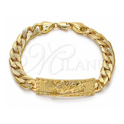 Oro Laminado Fancy Bracelet, Gold Filled Style San Judas and Pave Cuban Design, Polished, Golden Finish, 03.380.0111.09 (10 MM Thickness, 9 Inches Length)