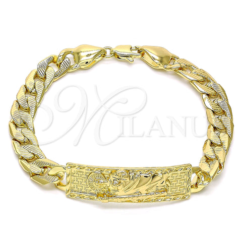Oro Laminado Fancy Bracelet, Gold Filled Style San Judas and Pave Cuban Design, Polished, Golden Finish, 03.380.0111.09 (10 MM Thickness, 9 Inches Length)