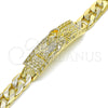 Oro Laminado Fancy Bracelet, Gold Filled Style Santa Muerte and Pave Cuban Design, Polished, Golden Finish, 03.380.0112.09 (10 MM Thickness, 9 Inches Length)