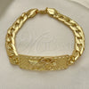 Oro Laminado Fancy Bracelet, Gold Filled Style Santa Muerte and Pave Cuban Design, Polished, Golden Finish, 03.380.0112.09 (10 MM Thickness, 9 Inches Length)