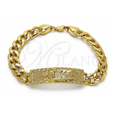 Oro Laminado Fancy Bracelet, Gold Filled Style San Judas and Miami Cuban Design, Polished, Golden Finish, 03.380.0114.09 (10 MM Thickness, 9 Inches Length)