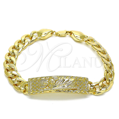 Oro Laminado Fancy Bracelet, Gold Filled Style San Judas and Miami Cuban Design, Polished, Golden Finish, 03.380.0114.09 (10 MM Thickness, 9 Inches Length)