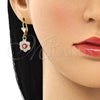 Oro Laminado Dangle Earring, Gold Filled Style Evil Eye and Flower Design, with White Crystal, Red Enamel Finish, Golden Finish, 02.380.0083