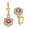 Oro Laminado Dangle Earring, Gold Filled Style Evil Eye and Flower Design, with White Crystal, Red Enamel Finish, Golden Finish, 02.380.0083