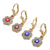 Oro Laminado Dangle Earring, Gold Filled Style Evil Eye and Flower Design, with White Crystal, Red Enamel Finish, Golden Finish, 02.380.0083