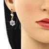 Oro Laminado Dangle Earring, Gold Filled Style Evil Eye and Flower Design, with White Crystal, Blue Enamel Finish, Golden Finish, 02.380.0083.1