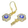 Oro Laminado Dangle Earring, Gold Filled Style Evil Eye and Flower Design, with White Crystal, Blue Enamel Finish, Golden Finish, 02.380.0083.1