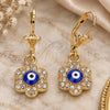 Oro Laminado Dangle Earring, Gold Filled Style Evil Eye and Flower Design, with White Crystal, Blue Enamel Finish, Golden Finish, 02.380.0083.1