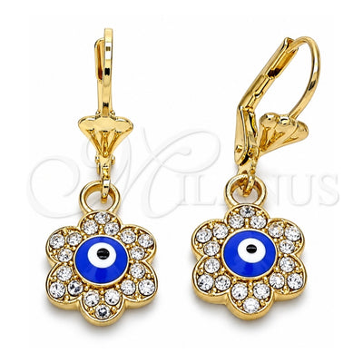 Oro Laminado Dangle Earring, Gold Filled Style Evil Eye and Flower Design, with White Crystal, Blue Enamel Finish, Golden Finish, 02.380.0083.1
