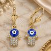 Oro Laminado Dangle Earring, Gold Filled Style Judaica and Hand of God Design, with White Crystal, Blue Enamel Finish, Golden Finish, 02.380.0084