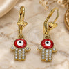 Oro Laminado Dangle Earring, Gold Filled Style Judaica and Hand of God Design, with White Crystal, Red Enamel Finish, Golden Finish, 02.380.0084.1