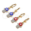 Oro Laminado Dangle Earring, Gold Filled Style Hand of God Design, with White Crystal, Red Enamel Finish, Golden Finish, 02.380.0084.1