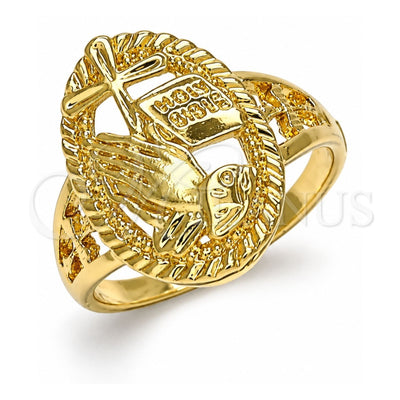 Oro Laminado Elegant Ring, Gold Filled Style Praying Hands and Cross Design, Polished, Golden Finish, 01.380.0011.07 (Size 7)