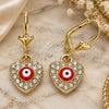 Oro Laminado Dangle Earring, Gold Filled Style Evil Eye and Heart Design, with White Crystal, Red Enamel Finish, Golden Finish, 02.380.0085