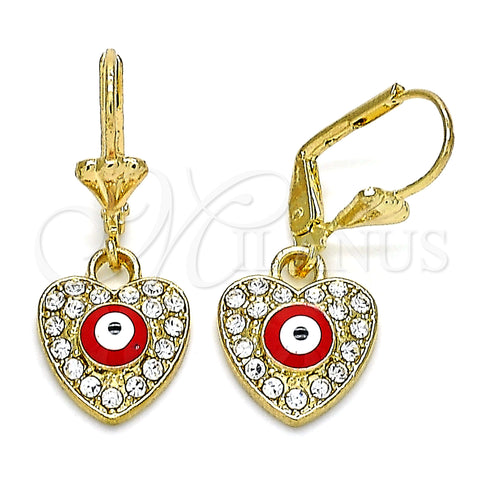 Oro Laminado Dangle Earring, Gold Filled Style Evil Eye and Heart Design, with White Crystal, Red Enamel Finish, Golden Finish, 02.380.0085