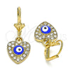 Oro Laminado Dangle Earring, Gold Filled Style Evil Eye and Heart Design, with White Crystal, Blue Enamel Finish, Golden Finish, 02.380.0085.1