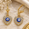 Oro Laminado Dangle Earring, Gold Filled Style Evil Eye and Heart Design, with White Crystal, Blue Enamel Finish, Golden Finish, 02.380.0085.1