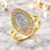 Oro Laminado Elegant Ring, Gold Filled Style Guadalupe and Flower Design, Polished, Tricolor, 01.380.0012.08 (Size 8)