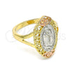 Oro Laminado Elegant Ring, Gold Filled Style Guadalupe and Flower Design, Polished, Tricolor, 01.380.0012.09 (Size 9)