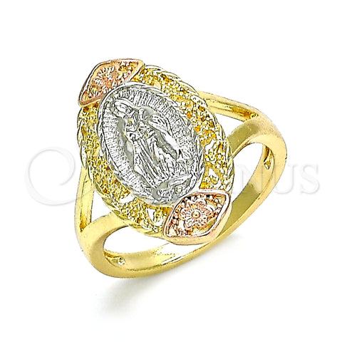 Oro Laminado Elegant Ring, Gold Filled Style Guadalupe and Flower Design, Polished, Tricolor, 01.380.0012.09 (Size 9)