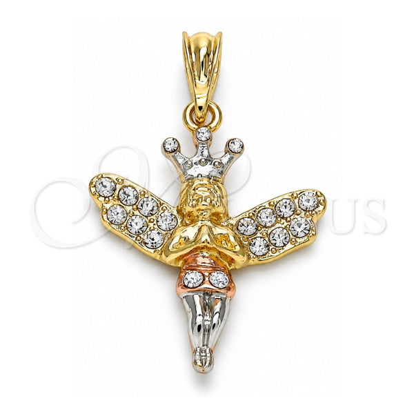 Oro Laminado Religious Pendant, Gold Filled Style Angel and Crown Design, with White Crystal, Polished, Tricolor, 05.380.0135