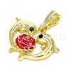 Oro Laminado Fancy Pendant, Gold Filled Style Dolphin and Flower Design, with Black Crystal, Red Enamel Finish, Golden Finish, 05.380.0136
