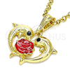 Oro Laminado Fancy Pendant, Gold Filled Style Dolphin and Flower Design, with Black Crystal, Red Enamel Finish, Golden Finish, 05.380.0136