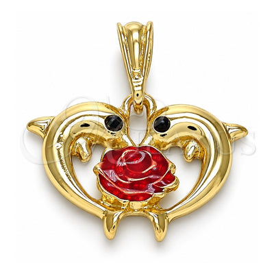 Oro Laminado Fancy Pendant, Gold Filled Style Dolphin and Flower Design, with Black Crystal, Red Enamel Finish, Golden Finish, 05.380.0136