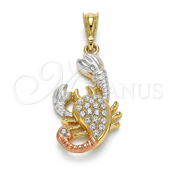 Oro Laminado Religious Pendant, Gold Filled Style Scorpion Design, with White Crystal, Polished, Tricolor, 05.380.0139