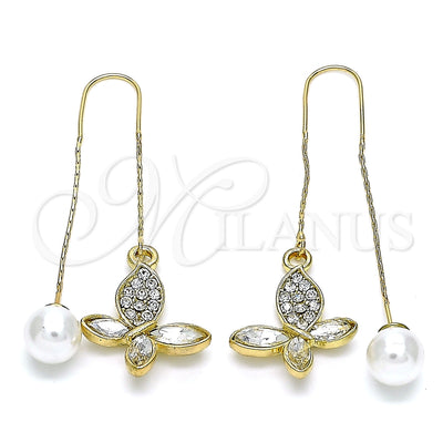 Oro Laminado Threader Earring, Gold Filled Style Butterfly Design, with White Crystal, Polished, Golden Finish, 02.380.0090