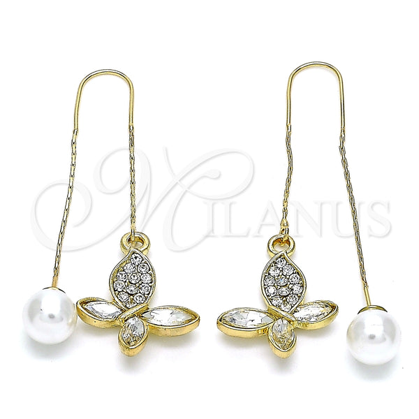 Oro Laminado Threader Earring, Gold Filled Style Butterfly Design, with White Crystal, Polished, Golden Finish, 02.380.0090
