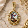 Oro Laminado Religious Pendant, Gold Filled Style Angel and Heart Design, with White Crystal, Polished, Golden Finish, 05.380.0140