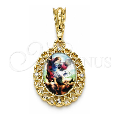 Oro Laminado Religious Pendant, Gold Filled Style Angel and Heart Design, with White Crystal, Polished, Golden Finish, 05.380.0140