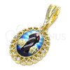 Oro Laminado Religious Pendant, Gold Filled Style San Benito and Heart Design, with White Crystal, Polished, Golden Finish, 05.380.0142