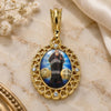 Oro Laminado Religious Pendant, Gold Filled Style San Benito and Heart Design, with White Crystal, Polished, Golden Finish, 05.380.0142